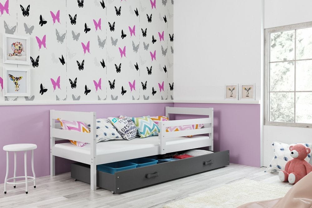 eoshop Detská posteľ Eryk - 1 osoba, 90x200 s úložným priestorom - Biela, Grafit